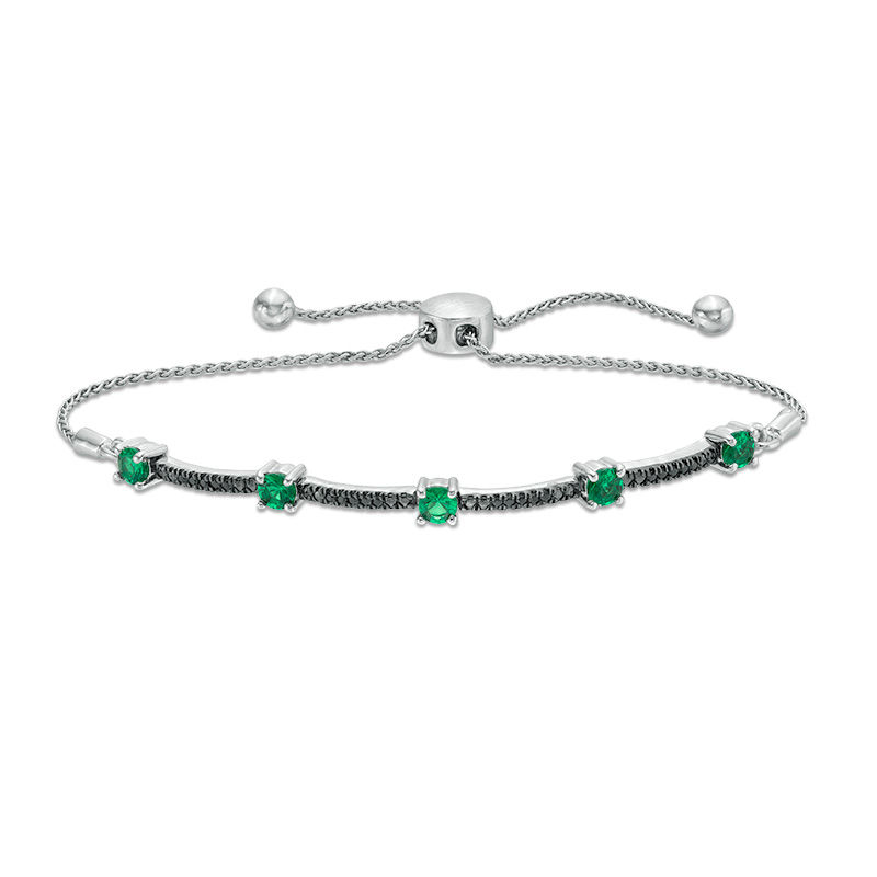 Lab-Created Emerald and 0.086 CT. T.W. Black Diamond Station Bolo Bracelet in Sterling Silver - 9.5"|Peoples Jewellers