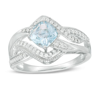 6.0mm Cushion-Shaped Sky Blue Topaz and Lab-Created White Sapphire Bypass Ring in Sterling Silver