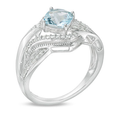 6.0mm Cushion-Shaped Sky Blue Topaz and Lab-Created White Sapphire Bypass Ring in Sterling Silver