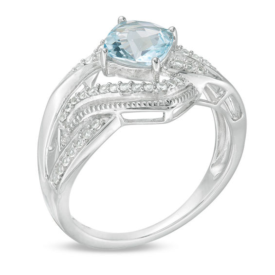 6.0mm Cushion-Shaped Sky Blue Topaz and Lab-Created White Sapphire Bypass Ring in Sterling Silver