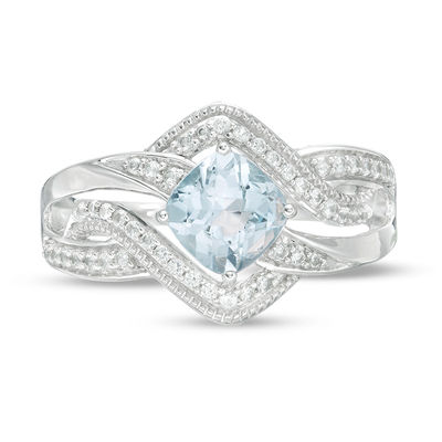 6.0mm Cushion-Shaped Sky Blue Topaz and Lab-Created White Sapphire Bypass Ring in Sterling Silver