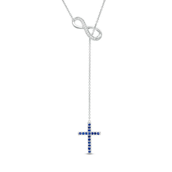 Lab-Created Blue and White Sapphire Cross and Infinity Lariat Necklace in Sterling Silver - 20"