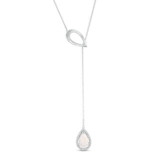 Pear-Shaped Lab-Created Opal and 0.086 CT. T.W. Diamond Double Teardrop Lariat Necklace in Sterling Silver - 20"