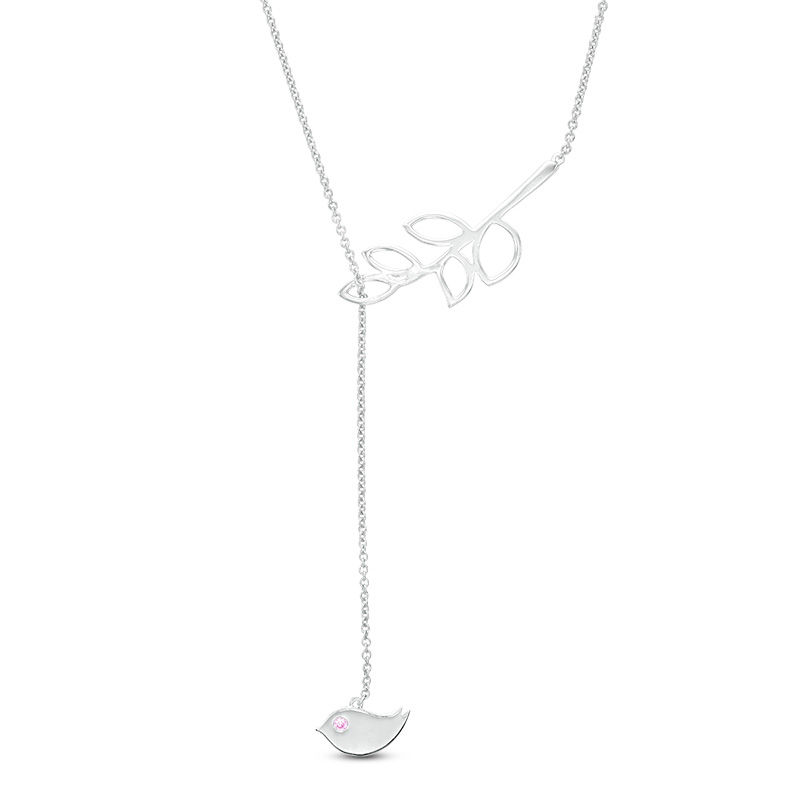 Lab-Created Pink Sapphire Bird and Vine Lariat Necklace in Sterling Silver - 20"|Peoples Jewellers