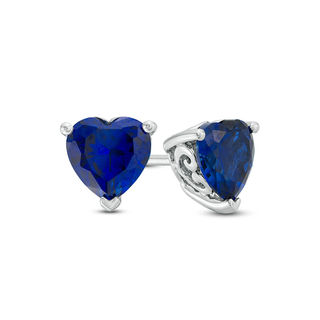 6.0mm Heart-Shaped Lab-Created Sapphire Solitaire with Scroll Side Accents Stud Earrings in Sterling Silver