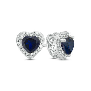 5.0mm Heart-Shaped Lab-Created Sapphire and Diamond Accent Bead Frame Stud Earrings in Sterling Silver