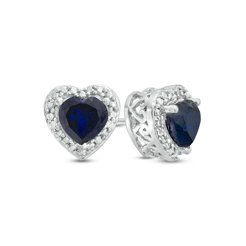 5.0mm Heart-Shaped Lab-Created Blue Sapphire and Diamond Accent Bead Frame Stud Earrings in Sterling Silver