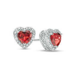 5.0mm Heart-Shaped Garnet and Diamond Accent Bead Frame Stud Earrings in Sterling Silver