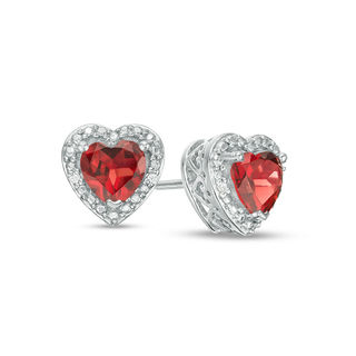 5.0mm Heart-Shaped Garnet and Diamond Accent Bead Frame Stud Earrings in Sterling Silver