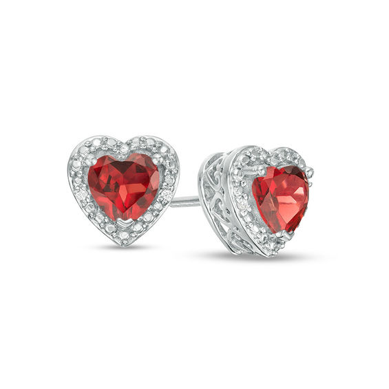 5.0mm Heart-Shaped Garnet and Diamond Accent Bead Frame Stud Earrings in Sterling Silver