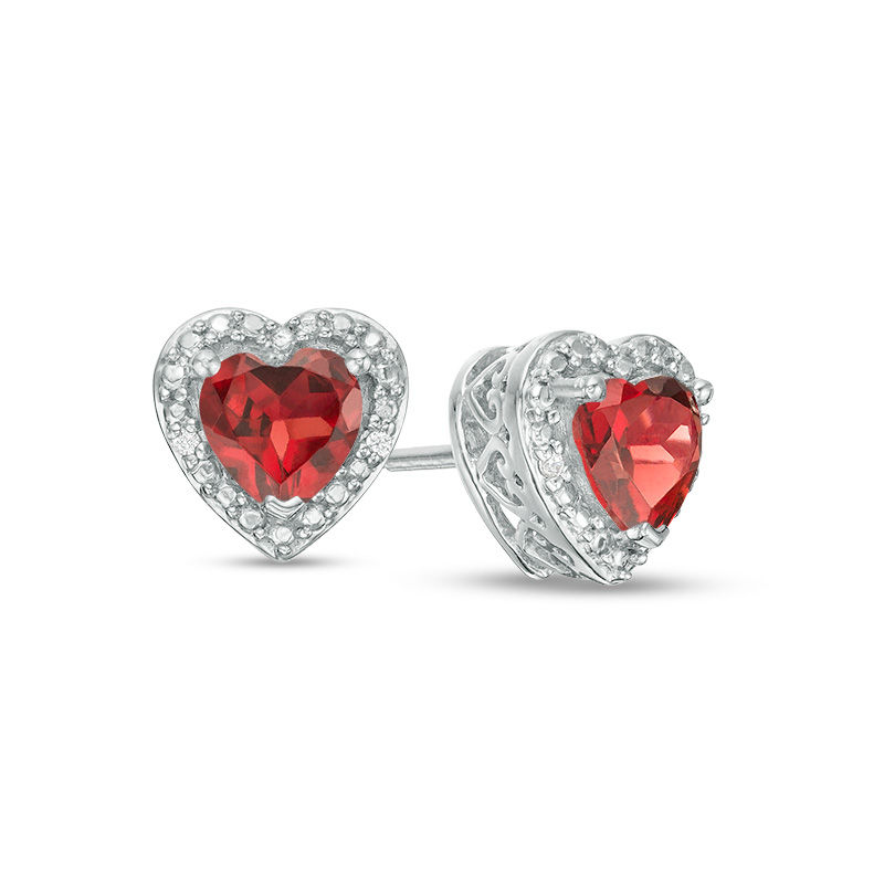 5.0mm Heart-Shaped Garnet and Diamond Accent Bead Frame Stud Earrings in Sterling Silver|Peoples Jewellers