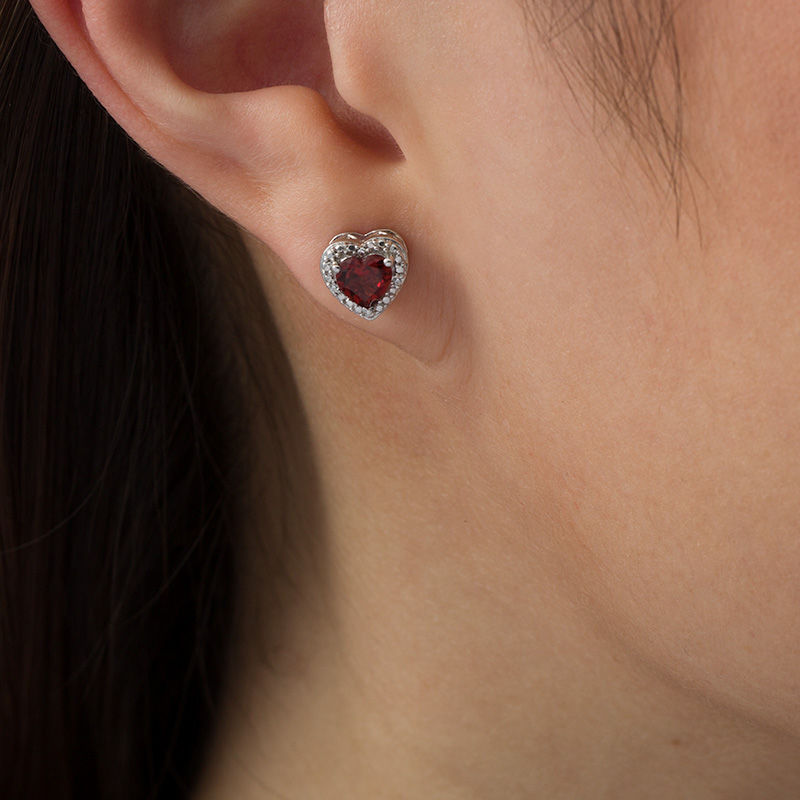 5.0mm Heart-Shaped Garnet and Diamond Accent Bead Frame Stud Earrings in Sterling Silver|Peoples Jewellers