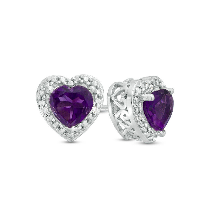 5.0mm Heart-Shaped Amethyst and Diamond Accent Bead Frame Stud Earrings in Sterling Silver
