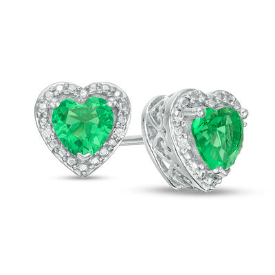 5.0mm Heart-Shaped Lab-Created Emerald and Diamond Accent Bead Frame Stud Earrings in Sterling Silver