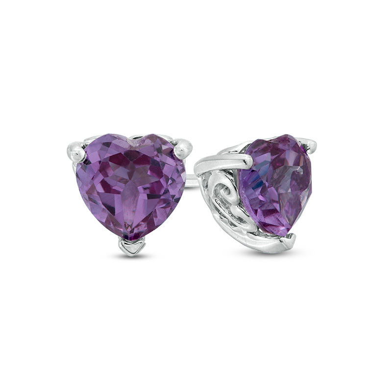 6.0mm Heart-Shaped Lab-Created Alexandrite Solitaire with Scroll Side Accents Stud Earrings in Sterling Silver|Peoples Jewellers