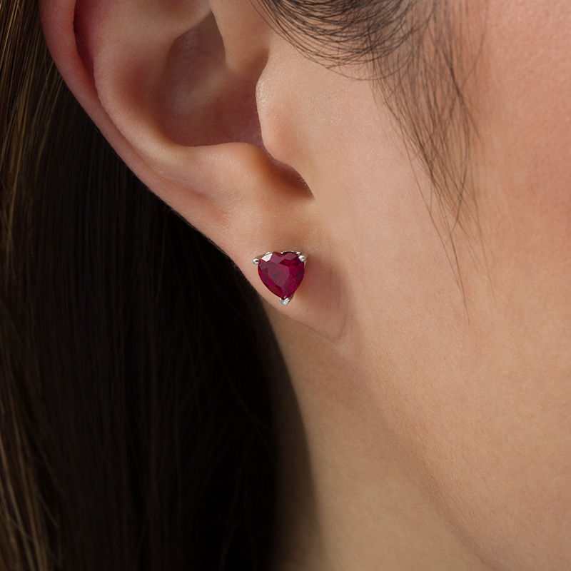 6.0mm Heart-Shaped Lab-Created Ruby Solitaire with Scroll Side Accents Stud Earrings in Sterling Silver|Peoples Jewellers