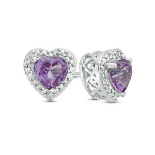 5.0mm Heart-Shaped Lab-Created Alexandrite and Diamond Accent Bead Frame Stud Earrings in Sterling Silver