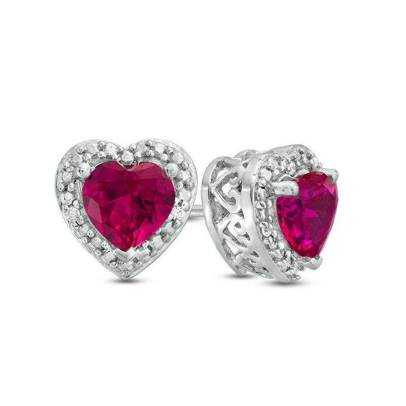 5.0mm Heart-Shaped Lab-Created Ruby and Diamond Accent Bead Frame Stud Earrings in Sterling Silver
