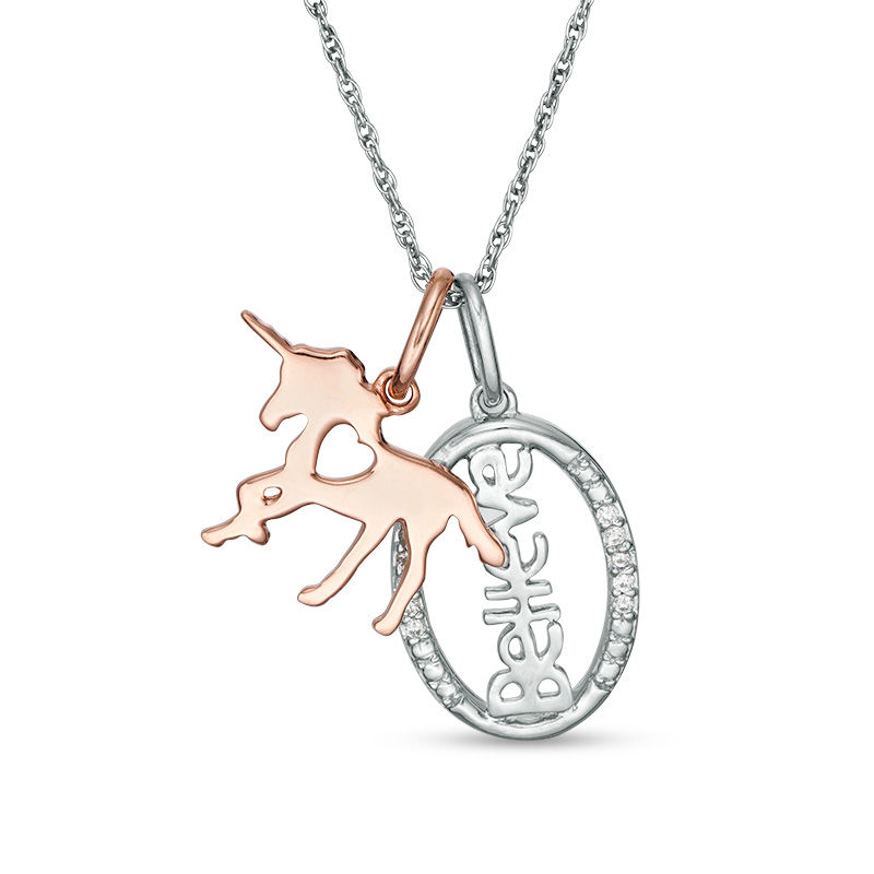 0.04 CT. T.W. Diamond Unicorn and Oval "Believe" Charms Pendant in Sterling Silver and 10K Rose Gold Plate|Peoples Jewellers