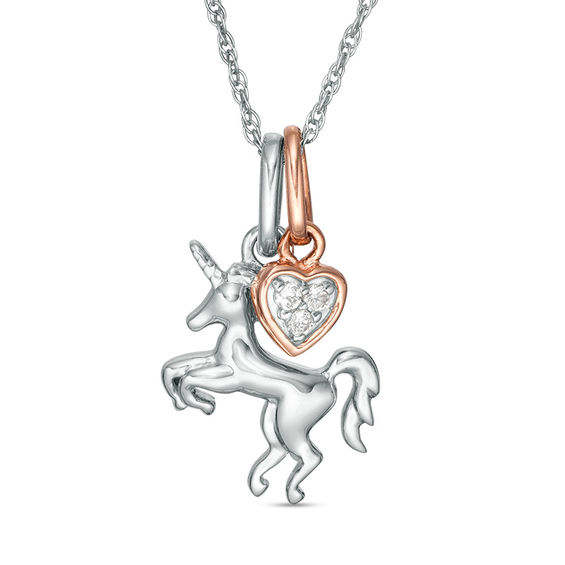 0.04 CT. T.W. Diamond Unicorn and Heart Charms Pendant in Sterling Silver and 10K Rose Gold