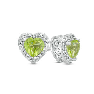 5.0mm Heart-Shaped Peridot and Diamond Accent Bead Frame Stud Earrings in Sterling Silver