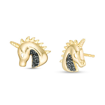 0.066 CT. T.W. Black Diamond Profile Unicorn Head Earrings in Sterling Silver with 14K Gold Plate