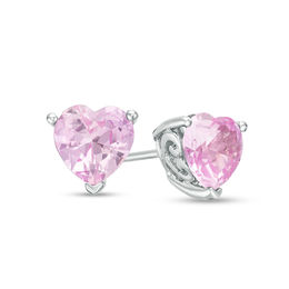 6.0mm Heart-Shaped Lab-Created Pink Sapphire Solitaire with Scroll Side Accents Stud Earrings in Sterling Silver