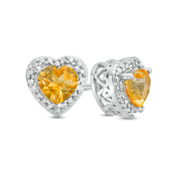 5.0mm Heart-Shaped Citrine and Diamond Accent Bead Frame Stud Earrings in Sterling Silver