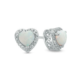 5.0mm Heart-Shaped Lab-Created Opal and Diamond Accent Bead Frame Stud Earrings in Sterling Silver