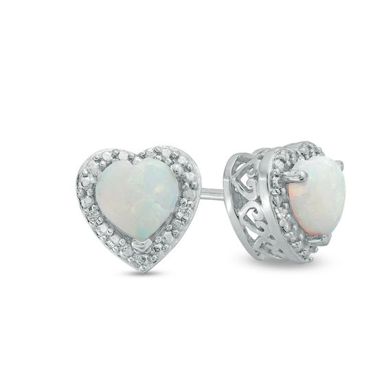 5.0mm Heart-Shaped Lab-Created Opal and Diamond Accent Bead Frame Stud Earrings in Sterling Silver