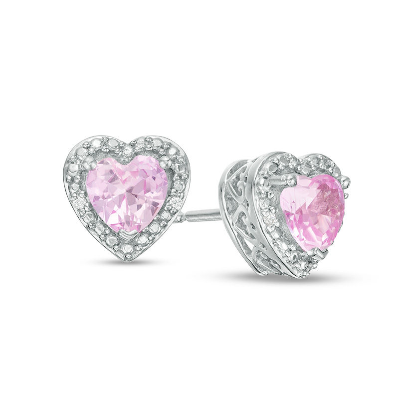 Main Image 1 of 5.0mm Heart-Shaped Lab-Created Pink Sapphire and Diamond Accent Bead Frame Stud Earrings in Sterling Silver