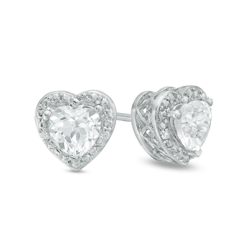 Main Image 1 of 5.0mm Heart-Shaped Lab-Created White Sapphire and Diamond Accent Bead Frame Stud Earrings in Sterling Silver