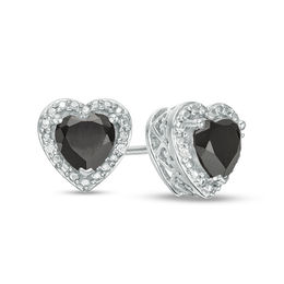 5.0mm Heart-Shaped Onyx and Diamond Accent Bead Frame Stud Earrings in Sterling Silver