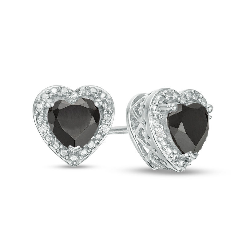 5.0mm Heart-Shaped Onyx and Diamond Accent Bead Frame Stud Earrings in Sterling Silver|Peoples Jewellers