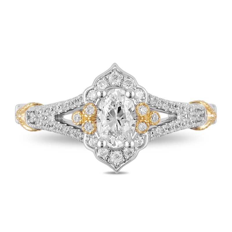 Enchanted Disney Jasmine 0.75 CT. T.W. Oval Diamond Frame Tri-Sides Vintage-Style Engagement Ring in 14K Two-Tone Gold