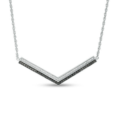 0.18 CT. T.W. Enhanced Black and White Diamond Double Row Chevron Necklace in Sterling Silver - 16.47"