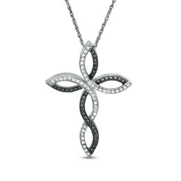 Enhanced Black and White Diamond Accent Twist Ribbon Cross Pendant in Sterling Silver