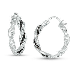 Black Diamond Accent Twist Ribbon Vintage-Style Hoop Earrings in Sterling Silver