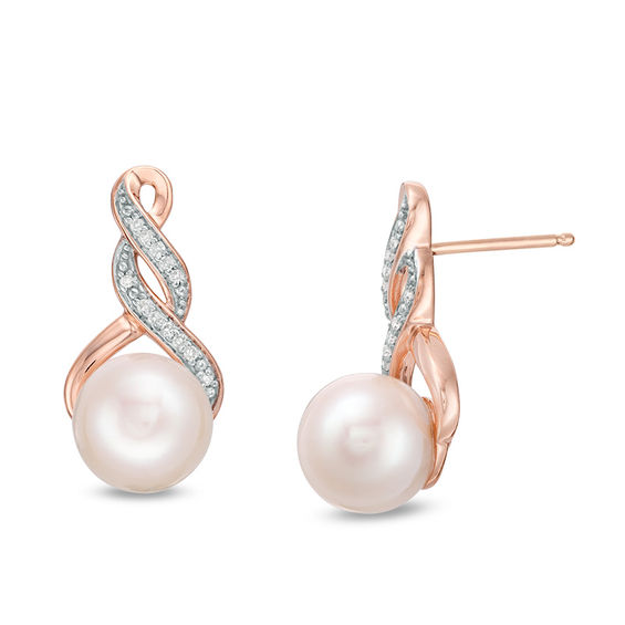 8.0-8.5mm Freshwater Cultured Pearl and 0.065 CT. T.W. Diamond Infinity Twist Drop Earrings in 10K Rose Gold