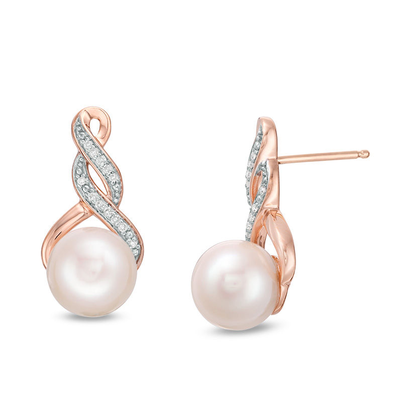 8.0-8.5mm Freshwater Cultured Pearl and 0.065 CT. T.W. Diamond Infinity Twist Drop Earrings in 10K Rose Gold|Peoples Jewellers