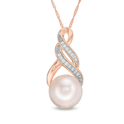 9.0-9.5mm Freshwater Cultured Pearl and 0.06 CT. T.W. Diamond Infinity Twist Pendant in 10K Rose Gold