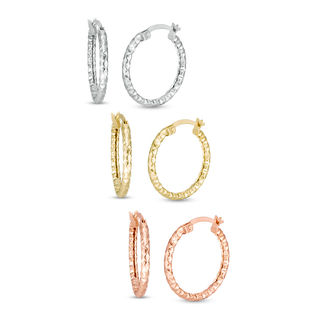 Diamond-Cut Three Hoop Earrings Set in 10K Tri-Tone Gold