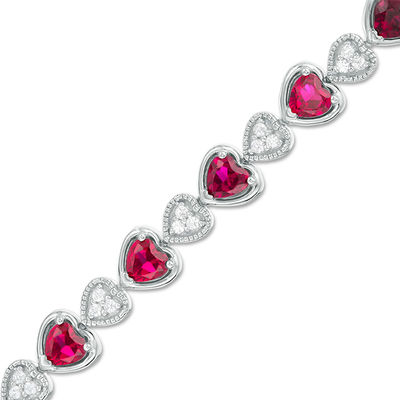 Alternating Heart-Shaped Lab-Created Ruby and White Sapphire Bracelet in Sterling Silver - 7.5"