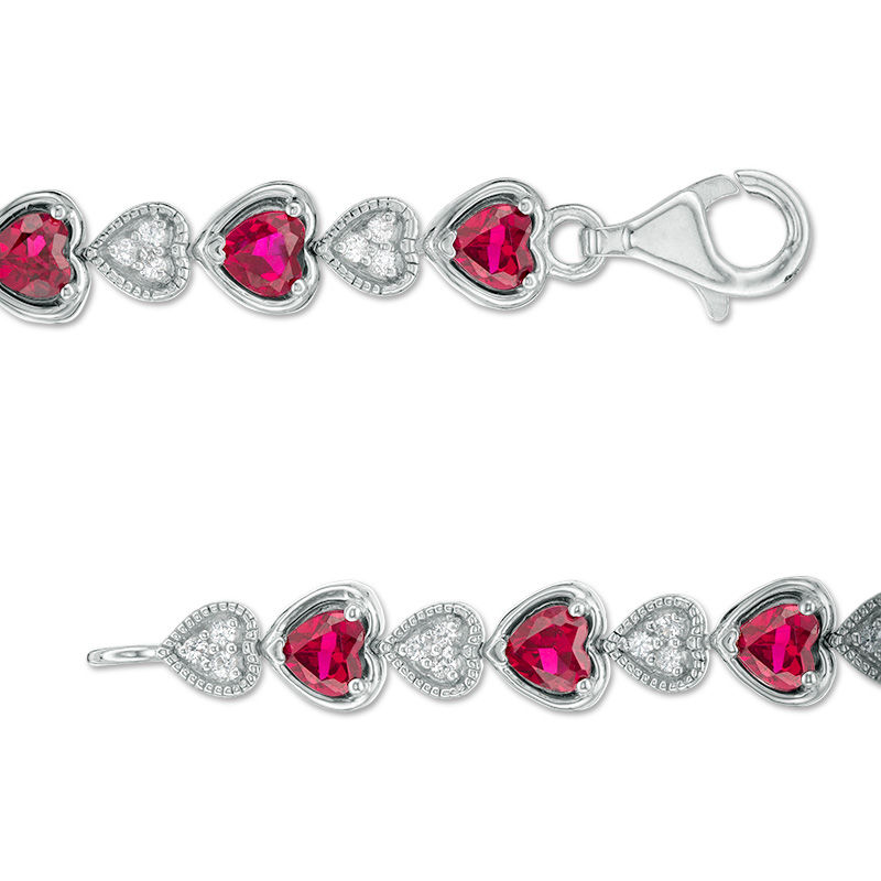 Alternating Heart-Shaped Lab-Created Ruby and White Sapphire Bracelet in Sterling Silver - 7.5"