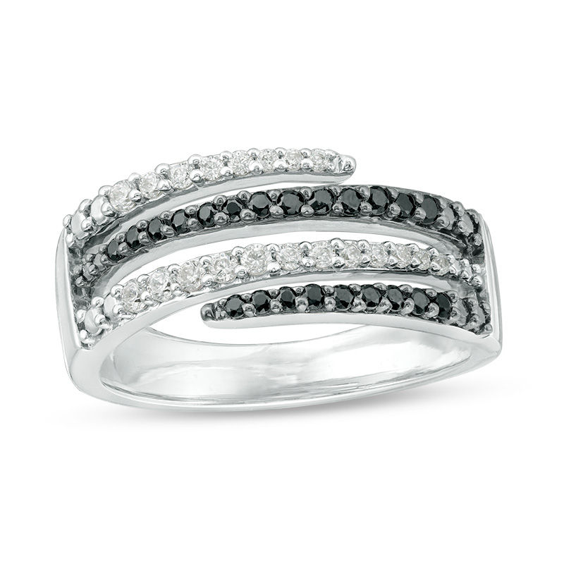 0.37 CT. T.W. Enhanced Black and White Diamond Alternating Wrap Ring in Sterling Silver|Peoples Jewellers