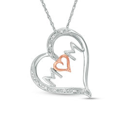 Diamond Accent &quot;MOM&quot; Tilted Heart Pendant in Sterling Silver and 10K Rose Gold