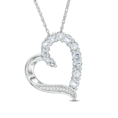 Aquamarine and Diamond Accent Tilted Heart Pendant in Sterling Silver