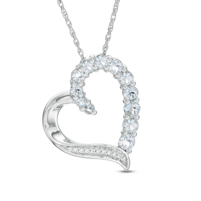 Aquamarine and Diamond Accent Tilted Heart Pendant in Sterling Silver|Peoples Jewellers