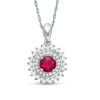 Thumbnail Image 0 of Lab-Created Ruby and 0.23 CT. T.W. Diamond Sunburst Frame Pendant in Sterling Silver
