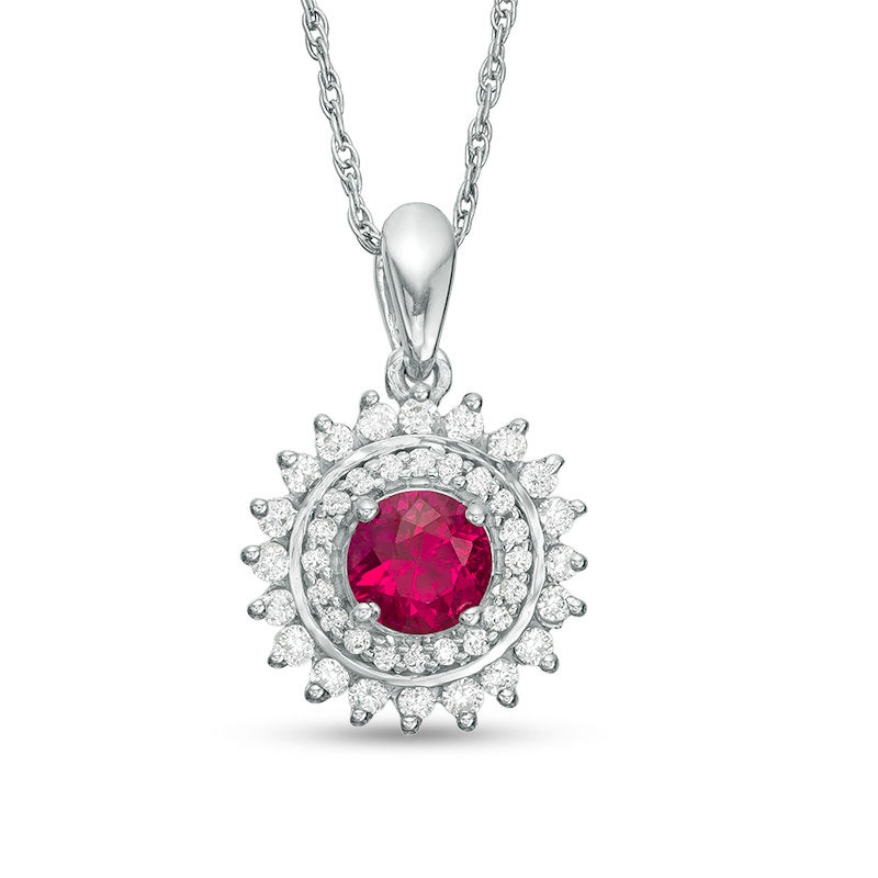 Lab-Created Ruby and 0.23 CT. T.W. Diamond Sunburst Frame Pendant in Sterling Silver|Peoples Jewellers
